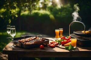 parrilla con filete y vegetales en un mesa. generado por ai foto