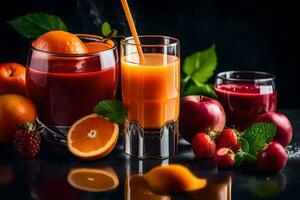 fresh fruit juice and juice in glass on a black background. AI-Generated photo