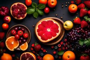 various fruits and berries are arranged in bowls. AI-Generated photo