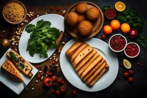 varios tipos de comida en un mesa. generado por ai foto