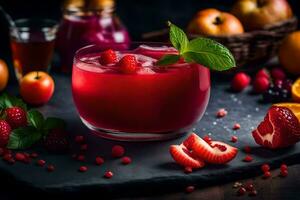 a glass of red juice with berries and mint leaves. AI-Generated photo