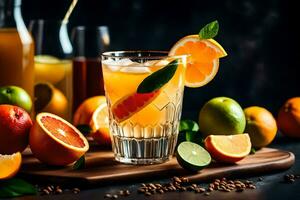 orange juice with fresh fruits and spices on a wooden table. AI-Generated photo