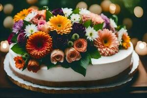 un pastel con vistoso flores en cima. generado por ai foto