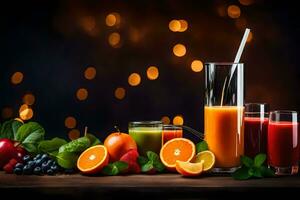fresh juice and fruits on a wooden table. AI-Generated photo