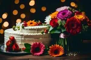 un pastel con flores y un ramo de flores en un mesa. generado por ai foto