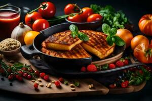 grilled cheese sandwich with tomatoes, peppers and herbs on a black background. AI-Generated photo