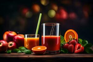 fresh juice with fruits and vegetables on a dark background. AI-Generated photo