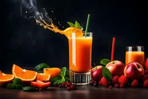 fresh juice with fruits and berries on a dark background. AI-Generated photo