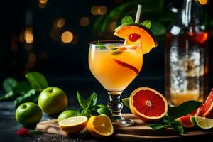 cocktail with orange, lime and mint on a wooden table. AI-Generated photo