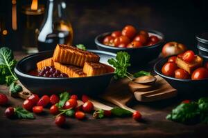 foods in a bowl on a wooden table. AI-Generated photo