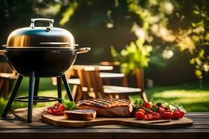 un parrilla con vegetales y carne en un de madera tablero. generado por ai foto