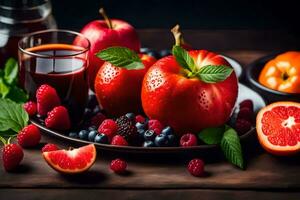 fresh fruits and vegetables on a wooden table. AI-Generated photo