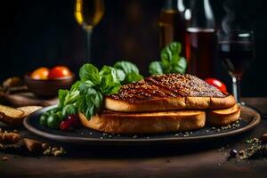 grilled bread with cheese and herbs on a black plate. AI-Generated photo