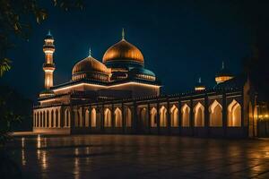 the mosque at night with lights on. AI-Generated photo