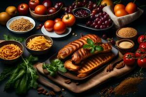 various foods including meat, vegetables and nuts on a black background. AI-Generated photo