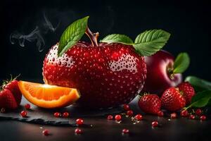 an apple with smoke and strawberries. AI-Generated photo