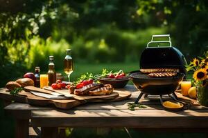 a barbecue grill on a table with food and drinks. AI-Generated photo