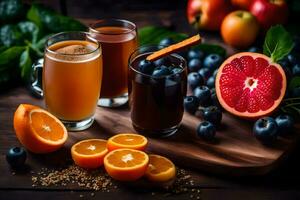 a variety of juices and fruits on a wooden table. AI-Generated photo