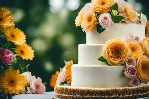 a wedding cake with yellow and orange flowers. AI-Generated photo