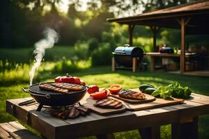 barbacoa parrilla con carne y vegetales en un mesa. generado por ai foto