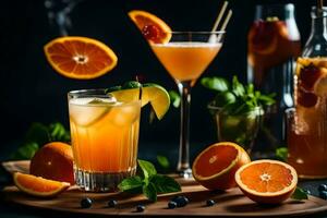 varios alcohólico bebidas con naranjas y menta. generado por ai foto