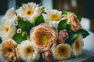 un ramo de flores de flores en un mesa. generado por ai foto