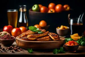 A la parrilla pollo en un de madera plato con vegetales y fruta. generado por ai foto