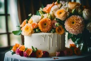 a wedding cake with orange and pink flowers. AI-Generated photo