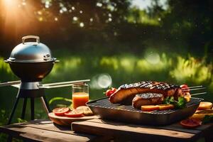 A la parrilla carne en un parrilla con Fruta y vegetales. generado por ai foto