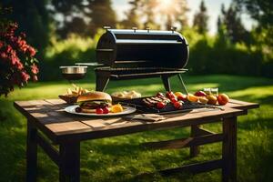 a barbecue grill on a table with food on it. AI-Generated photo
