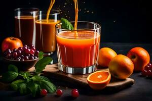 a glass of juice with oranges and berries. AI-Generated photo