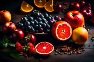fruit and nuts on a wooden table. AI-Generated photo