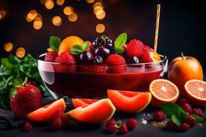 a bowl of fruit with berries and oranges. AI-Generated photo