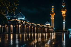 the mosque at night with its lights on. AI-Generated photo