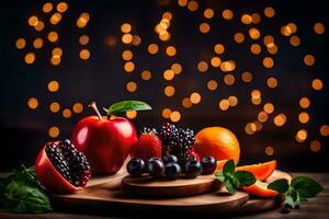 Fruta en un de madera tablero con luces en el antecedentes. generado por ai foto