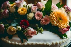 a wedding cake with colorful flowers on top. AI-Generated photo