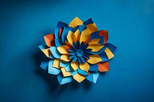 a paper flower made of blue, yellow and orange paper. AI-Generated photo