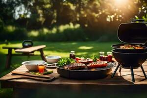 a grill on a table with food and utensils. AI-Generated photo