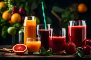various juices and fruit in glasses and on a table. AI-Generated photo