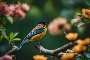 a blue and orange bird sits on a branch. AI-Generated photo