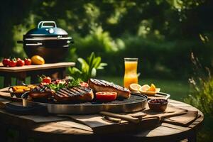 grilled steak and vegetables on a table in the garden. AI-Generated photo