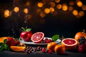 fruit on a plate with a light background. AI-Generated photo