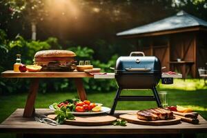 a barbecue grill with food on it and a table with a grill. AI-Generated photo