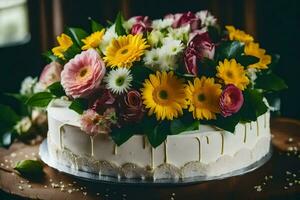 a cake with flowers on top of it. AI-Generated photo