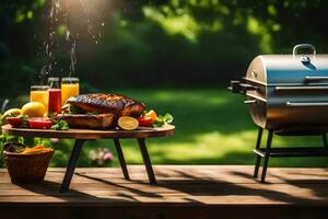 un parrilla con un filete y vegetales en un mesa. generado por ai foto