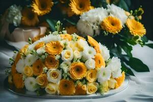 yellow and white flowers on a table. AI-Generated photo