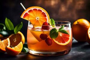 a glass of orange juice with raspberries and oranges. AI-Generated photo