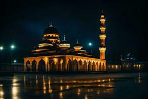 the mosque at night with the moon in the sky. AI-Generated photo