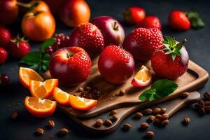 strawberries, oranges, and other fruits on a cutting board. AI-Generated photo