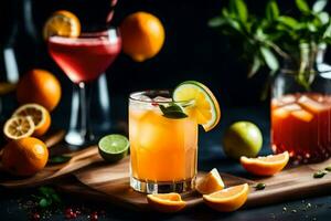 a variety of drinks with oranges and limes. AI-Generated photo